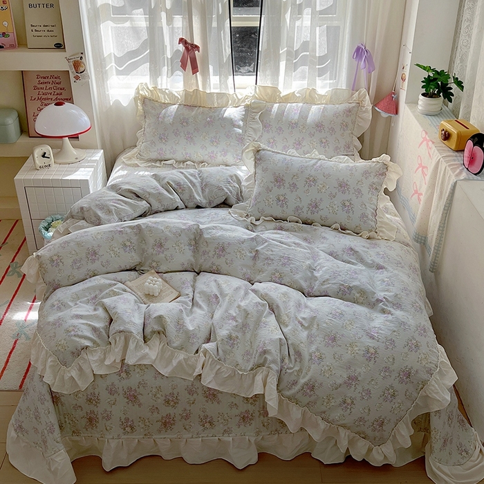 91家纺网 家纺一手货源 找家纺 美梦家纺2025新款皱皱纱花边被套床盖四件套 茉莉清风