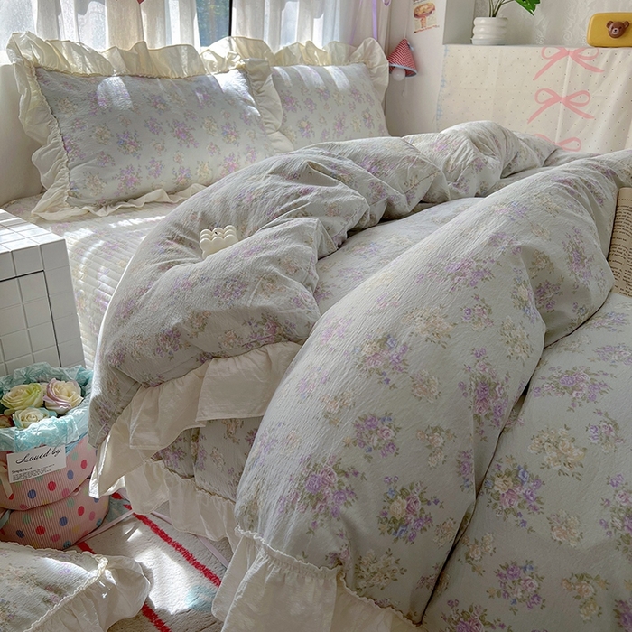 91家纺网 家纺一手货源 找家纺 美梦家纺2025新款皱皱纱花边被套床盖四件套 茉莉清风