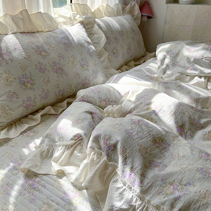 91家纺网 家纺一手货源 找家纺 美梦家纺2025新款皱皱纱花边被套床盖四件套 茉莉清风