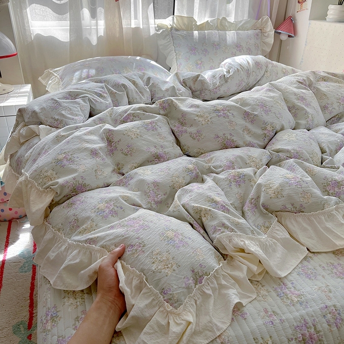 美梦家纺2025新款皱皱纱花边被套床盖四件套 茉莉清风