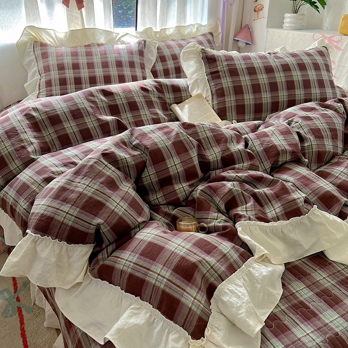 91家纺网 家纺一手货源 找家纺 美梦家纺2025新款皱皱纱花边被套床盖四件套 薄巧