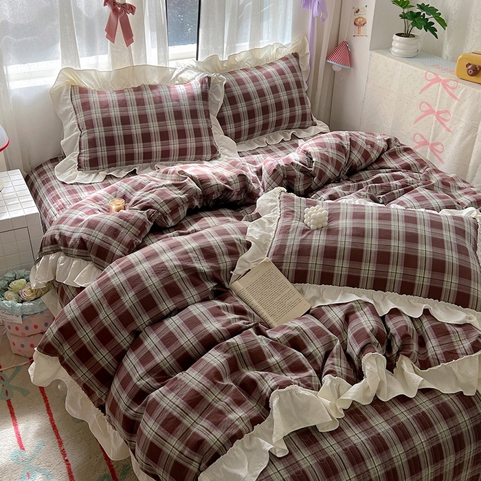 91家纺网 家纺一手货源 找家纺 美梦家纺2025新款皱皱纱花边被套床盖四件套 薄巧