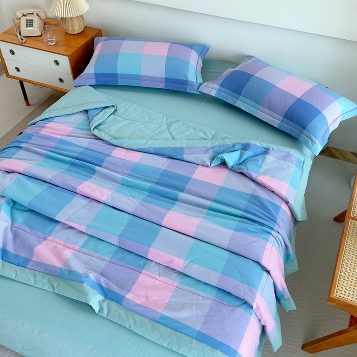 91家纺网 家纺一手货源 找家纺 价格下调三沁2025最新A类大豆纤维全棉色织水洗棉夏被四件套夏凉被空调被子无印良品 彩虹大格