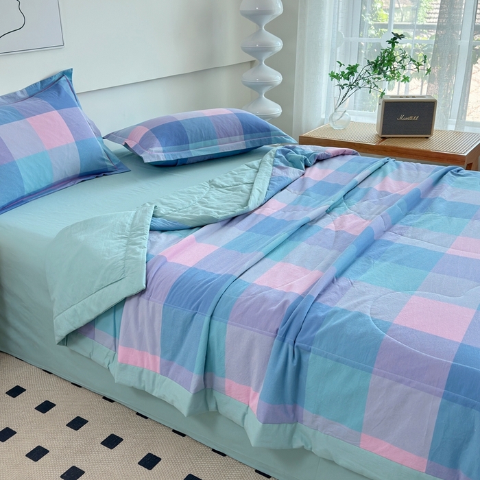 91家纺网 家纺一手货源 找家纺 价格下调三沁2025最新A类大豆纤维全棉色织水洗棉夏被四件套夏凉被空调被子无印良品 彩虹大格