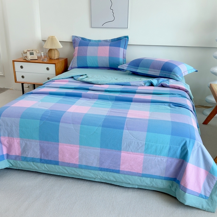 91家纺网 家纺一手货源 找家纺 价格下调三沁2025最新A类大豆纤维全棉色织水洗棉夏被四件套夏凉被空调被子无印良品 彩虹大格