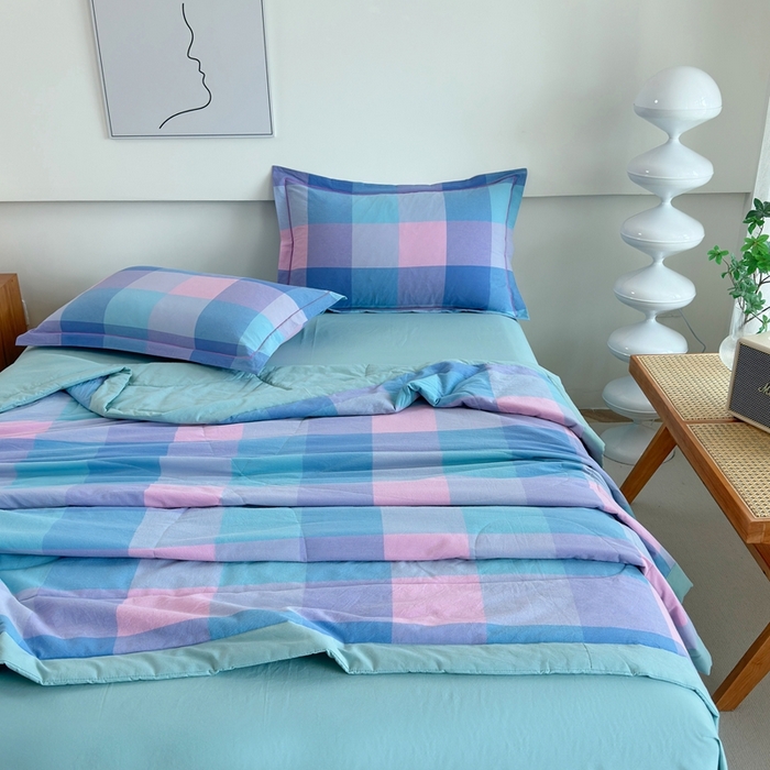 91家纺网 家纺一手货源 找家纺 价格下调三沁2025最新A类大豆纤维全棉色织水洗棉夏被四件套夏凉被空调被子无印良品 彩虹大格