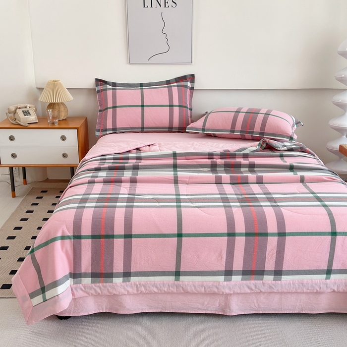 91家纺网 家纺一手货源 找家纺 价格下调三沁2025最新A类大豆纤维全棉色织水洗棉夏被四件套夏凉被空调被子无印良品 粉色恋人