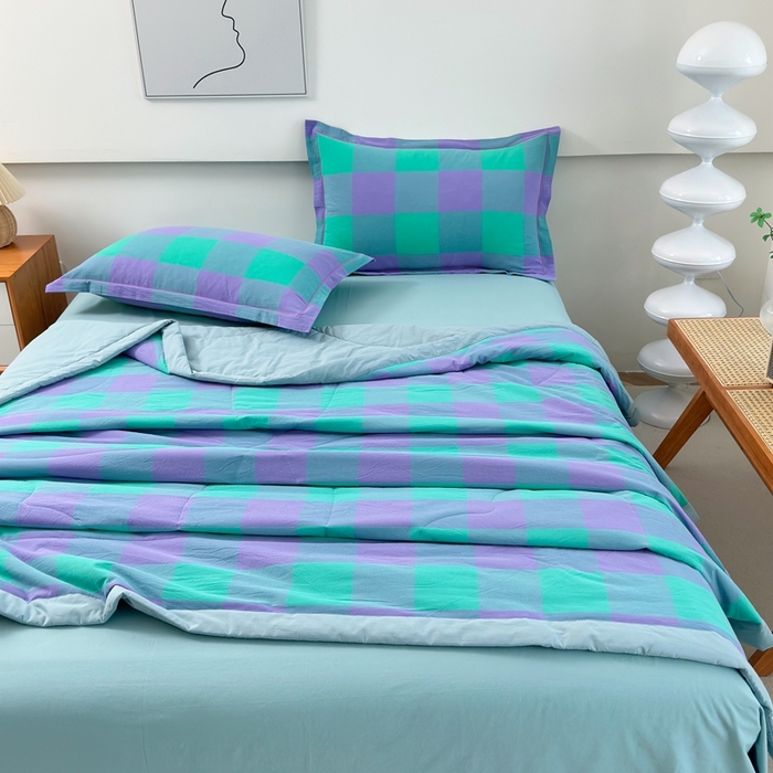 91家纺网 家纺一手货源 找家纺 价格下调三沁2025最新A类大豆纤维全棉色织水洗棉夏被四件套夏凉被空调被子无印良品 绿野仙踪大格