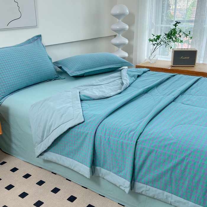 91家纺网 家纺一手货源 找家纺 价格下调三沁2025最新A类大豆纤维全棉色织水洗棉夏被四件套夏凉被空调被子无印良品 绿野仙踪小格