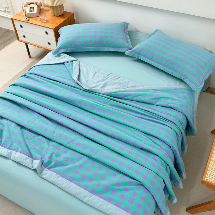 91家纺网 家纺一手货源 找家纺 价格下调三沁2025最新A类大豆纤维全棉色织水洗棉夏被四件套夏凉被空调被子无印良品 绿野仙踪中格