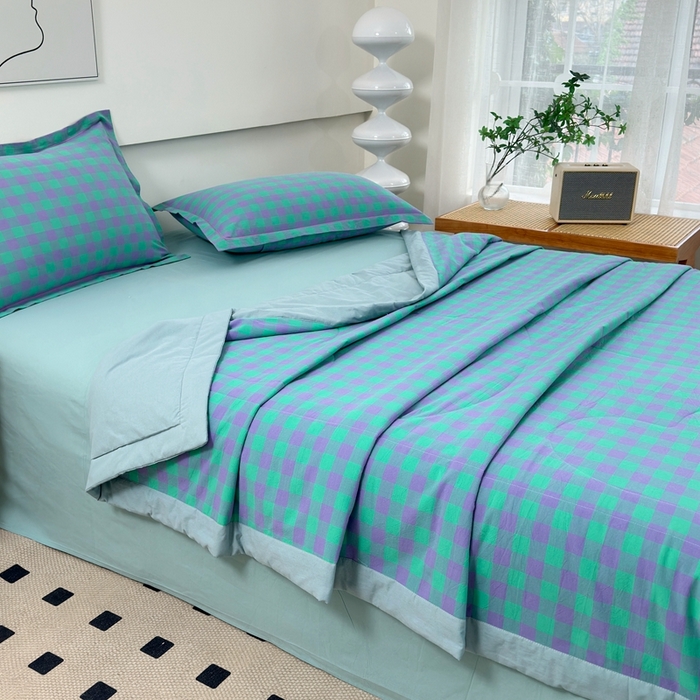 91家纺网 家纺一手货源 找家纺 价格下调三沁2025最新A类大豆纤维全棉色织水洗棉夏被四件套夏凉被空调被子无印良品 绿野仙踪中格