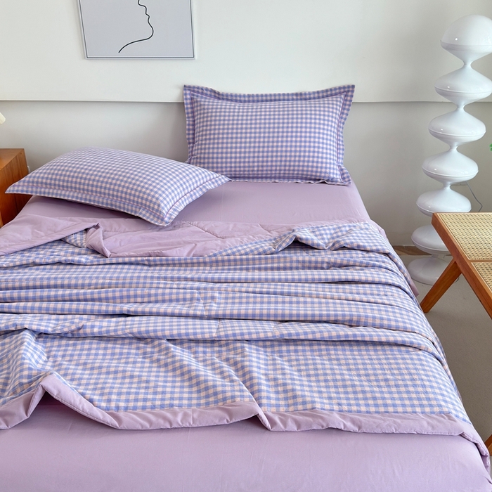 91家纺网 家纺一手货源 找家纺 价格下调三沁2025最新A类大豆纤维全棉色织水洗棉夏被四件套夏凉被空调被子无印良品 香芋紫小格