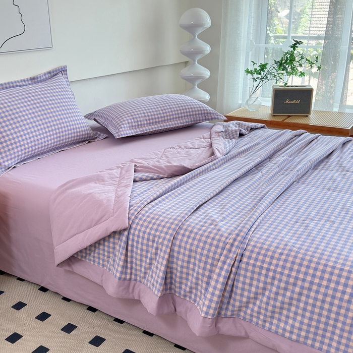 91家纺网 家纺一手货源 找家纺 价格下调三沁2025最新A类大豆纤维全棉色织水洗棉夏被四件套夏凉被空调被子无印良品 香芋紫小格