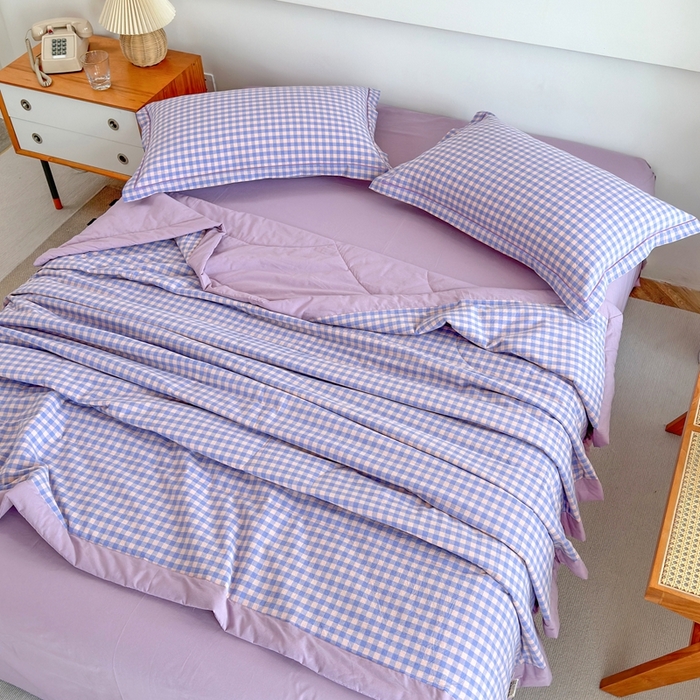 91家纺网 家纺一手货源 找家纺 价格下调三沁2025最新A类大豆纤维全棉色织水洗棉夏被四件套夏凉被空调被子无印良品 香芋紫小格