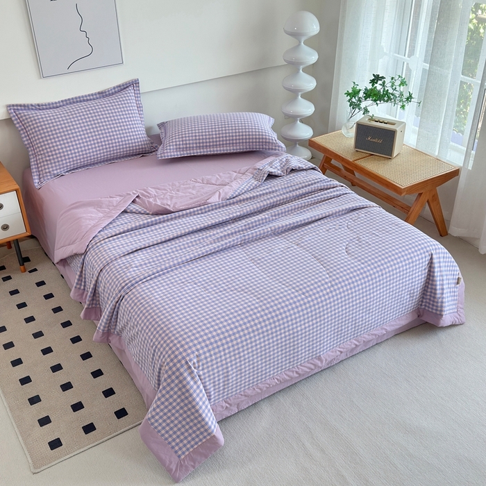 91家纺网 家纺一手货源 找家纺 价格下调三沁2025最新A类大豆纤维全棉色织水洗棉夏被四件套夏凉被空调被子无印良品 香芋紫小格