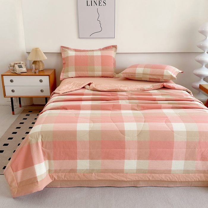 91家纺网 家纺一手货源 找家纺 价格下调三沁2025最新A类大豆纤维全棉色织水洗棉夏被四件套夏凉被空调被子无印良品 米夕玉咖