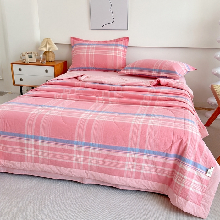 91家纺网 家纺一手货源 找家纺 价格下调三沁2025最新A类大豆纤维全棉色织水洗棉夏被四件套夏凉被空调被子无印良品 秋荷粉