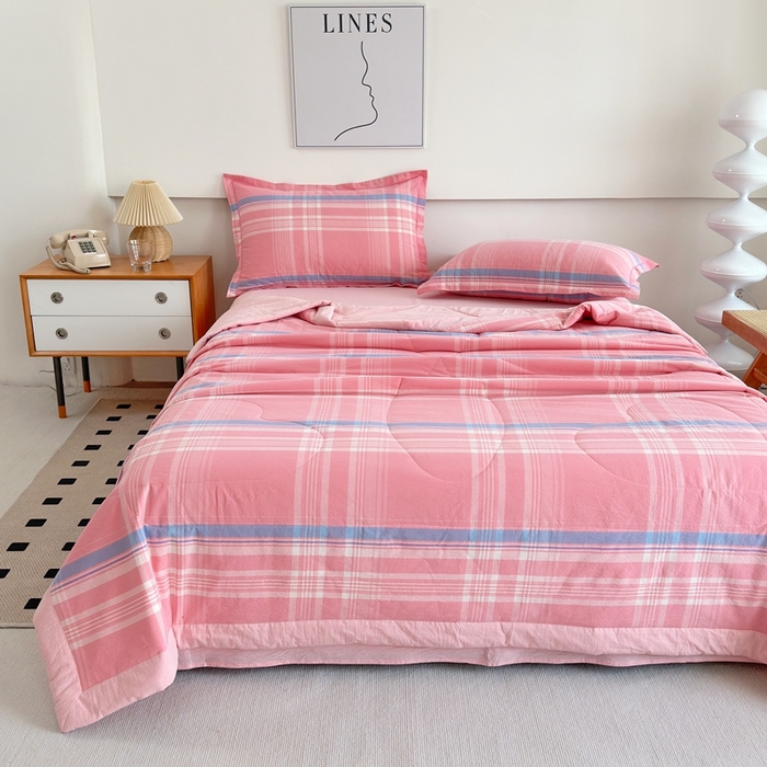 91家纺网 家纺一手货源 找家纺 价格下调三沁2025最新A类大豆纤维全棉色织水洗棉夏被四件套夏凉被空调被子无印良品 秋荷粉