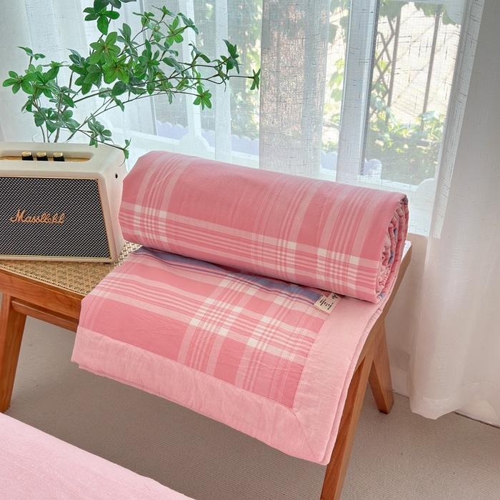 91家纺网 家纺一手货源 找家纺 价格下调三沁2025最新A类大豆纤维全棉色织水洗棉夏被四件套夏凉被空调被子无印良品 秋荷粉