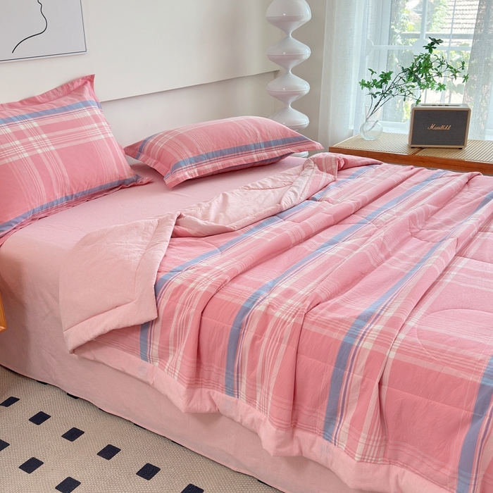 91家纺网 家纺一手货源 找家纺 价格下调三沁2025最新A类大豆纤维全棉色织水洗棉夏被四件套夏凉被空调被子无印良品 秋荷粉