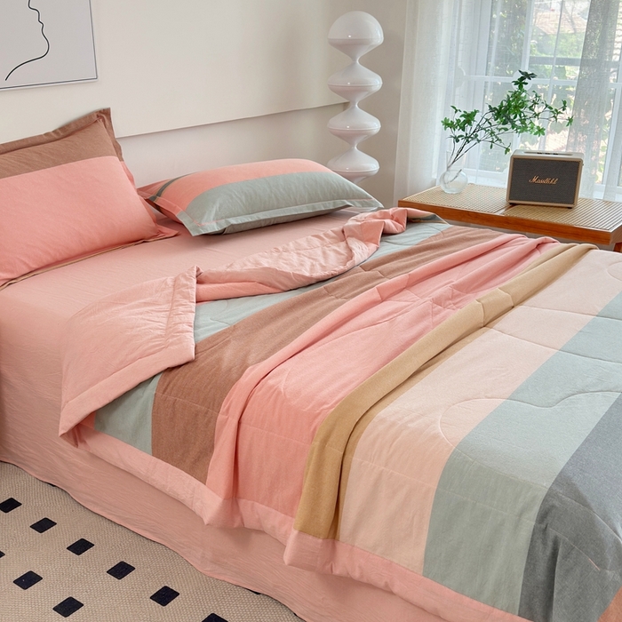 91家纺网 家纺一手货源 找家纺 价格下调三沁2025最新A类大豆纤维全棉色织水洗棉夏被四件套夏凉被空调被子无印良品 莫兰迪粉