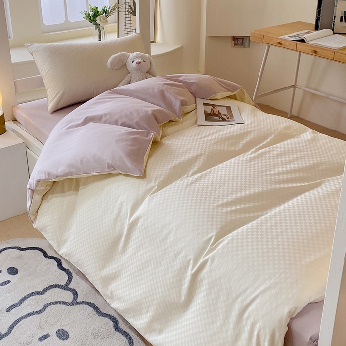 91家纺网 家纺一手货源 找家纺 金鑫汇 2025新款纯色提花三件套 奶昔白+淡紫