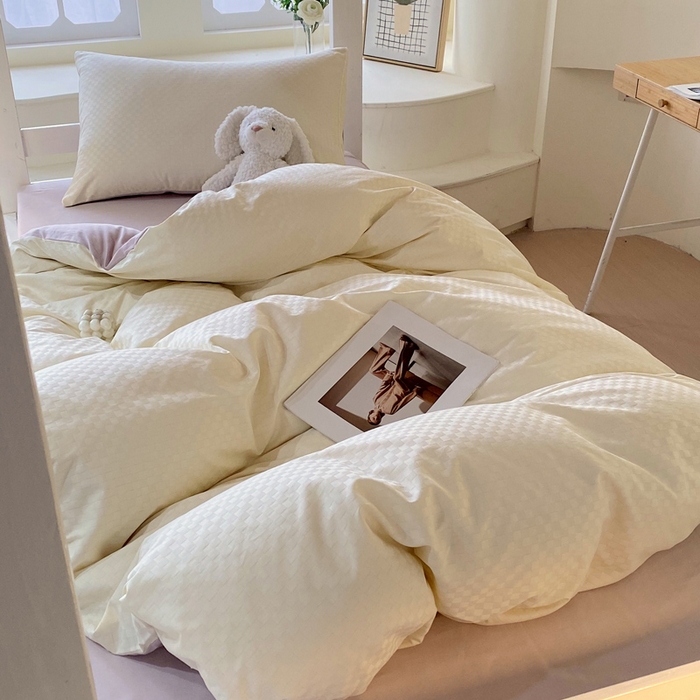 91家纺网 家纺一手货源 找家纺 金鑫汇 2025新款纯色提花三件套 奶昔白+淡紫