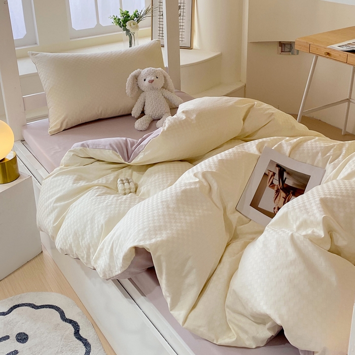 91家纺网 家纺一手货源 找家纺 金鑫汇 2025新款纯色提花三件套 奶昔白+淡紫