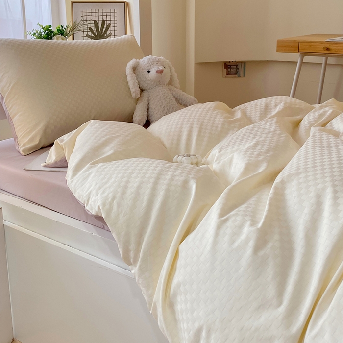 91家纺网 家纺一手货源 找家纺 金鑫汇 2025新款纯色提花三件套 奶昔白+淡紫