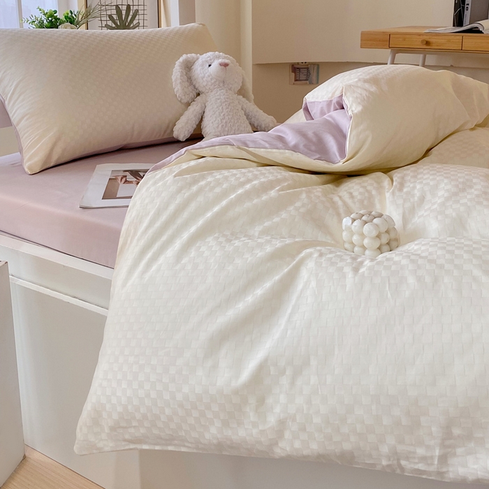 91家纺网 家纺一手货源 找家纺 金鑫汇 2025新款纯色提花三件套 奶昔白+淡紫