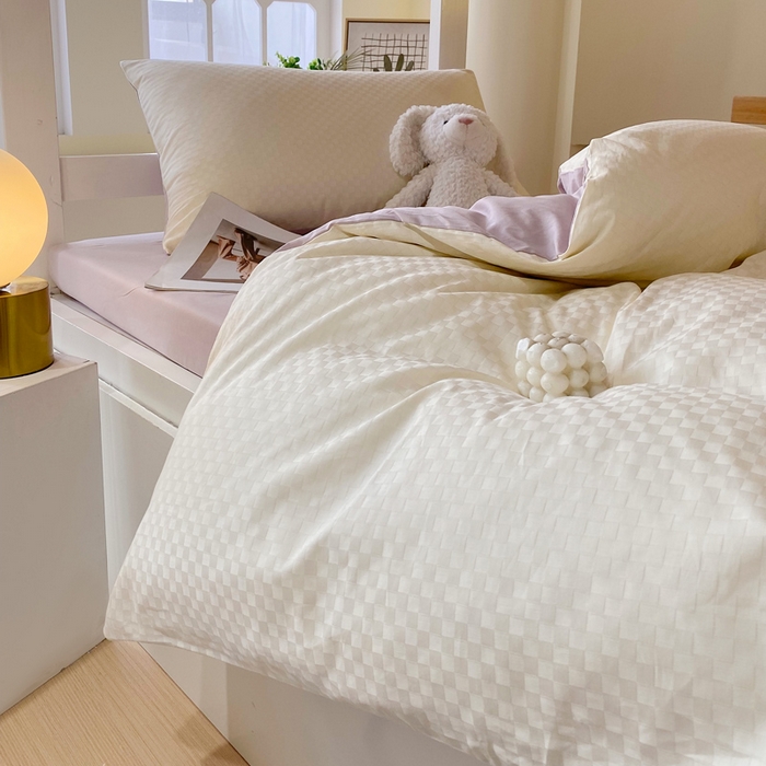 91家纺网 家纺一手货源 找家纺 金鑫汇 2025新款纯色提花三件套 奶昔白+淡紫