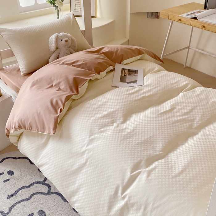 91家纺网 家纺一手货源 找家纺 金鑫汇 2025新款纯色提花三件套 奶昔白+咖