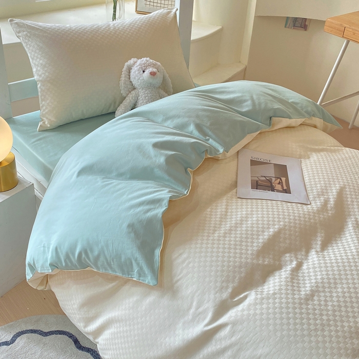 91家纺网 家纺一手货源 找家纺 金鑫汇 2025新款纯色提花三件套 奶昔白+水绿