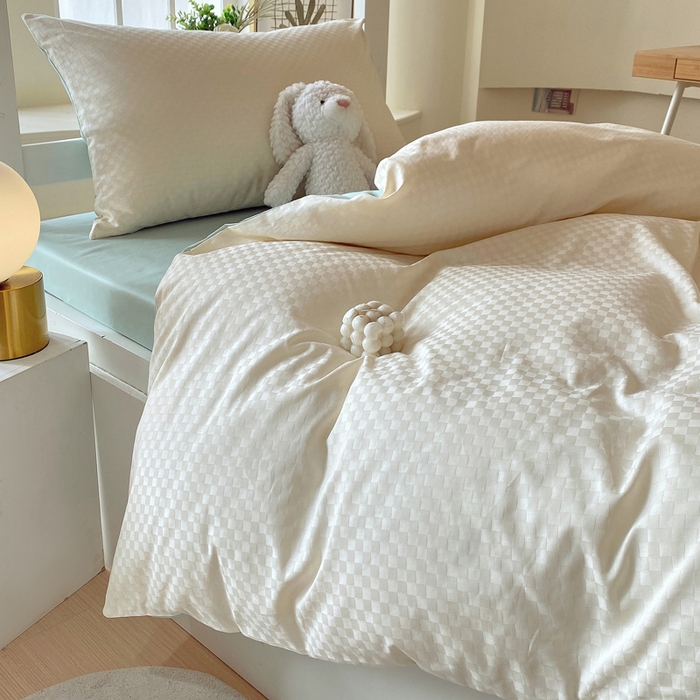 91家纺网 家纺一手货源 找家纺 金鑫汇 2025新款纯色提花三件套 奶昔白+水绿