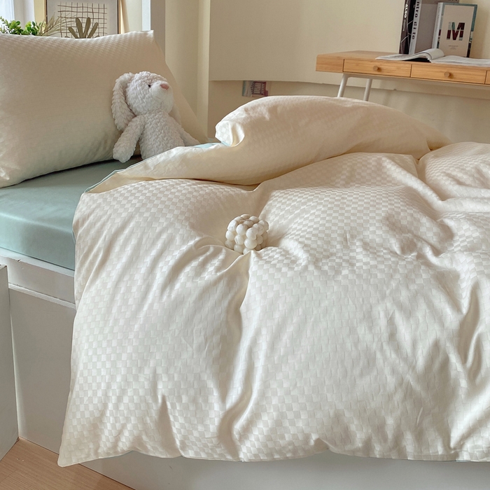 91家纺网 家纺一手货源 找家纺 金鑫汇 2025新款纯色提花三件套 奶昔白+水绿