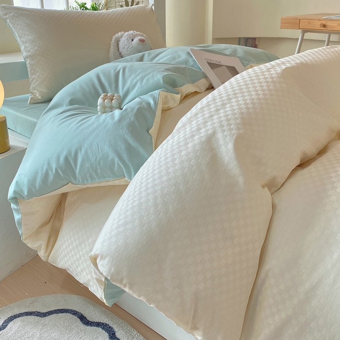 91家纺网 家纺一手货源 找家纺 金鑫汇 2025新款纯色提花三件套 奶昔白+水绿