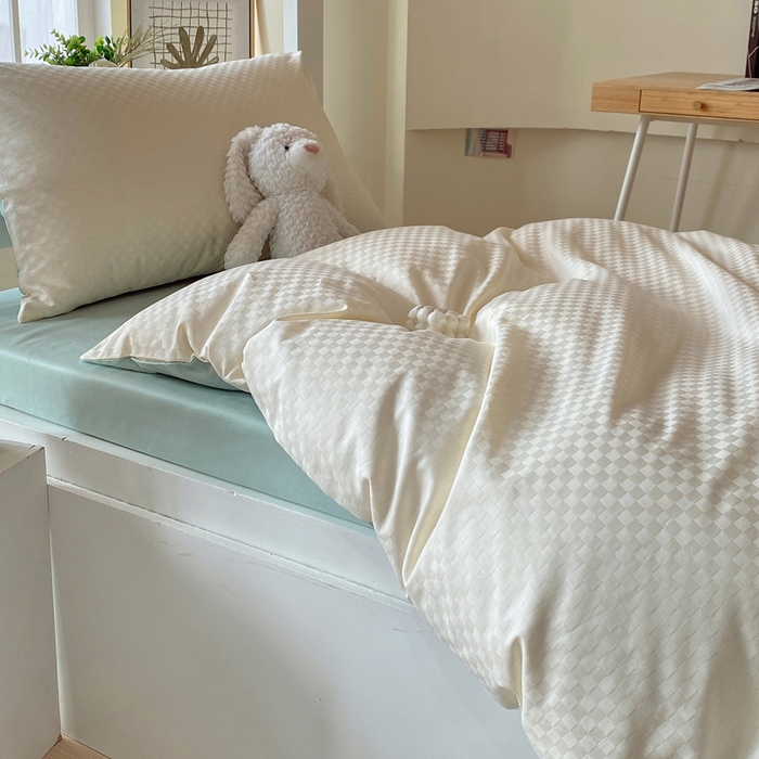 91家纺网 家纺一手货源 找家纺 金鑫汇 2025新款纯色提花三件套 奶昔白+水绿