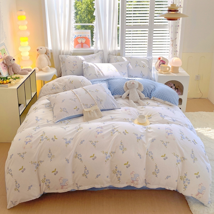 91家纺网 家纺一手货源 找家纺 金鑫汇家纺 2025新款全棉纯棉棉加豆豆绒棉加绒系列四件套 棉加豆豆绒-花丛兔