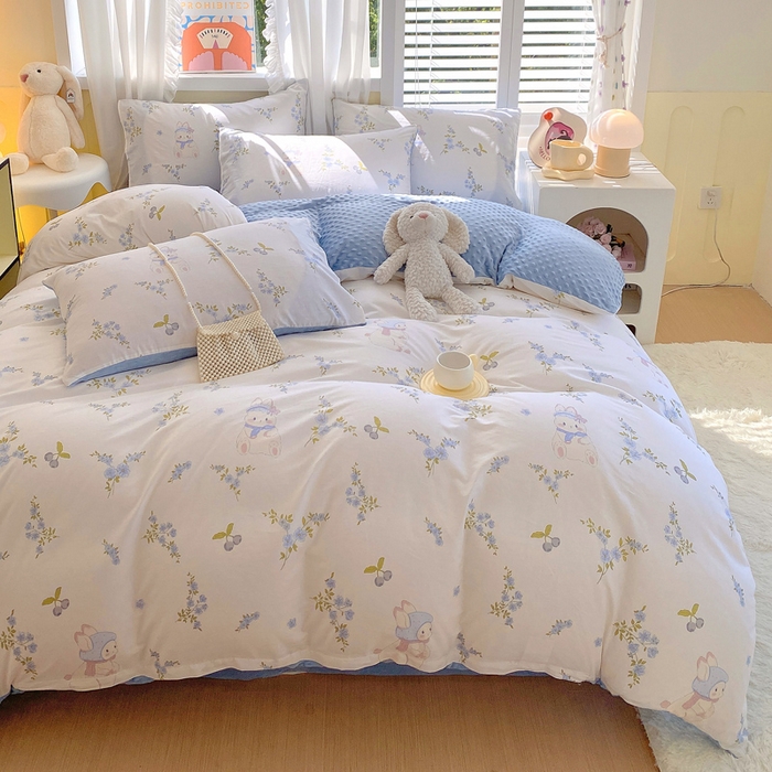 91家纺网 家纺一手货源 找家纺 金鑫汇家纺 2025新款全棉纯棉棉加豆豆绒棉加绒系列四件套 棉加豆豆绒-花丛兔