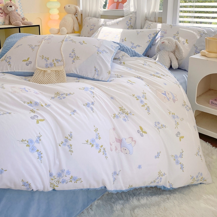 91家纺网 家纺一手货源 找家纺 金鑫汇家纺 2025新款全棉纯棉棉加豆豆绒棉加绒系列四件套 棉加豆豆绒-花丛兔