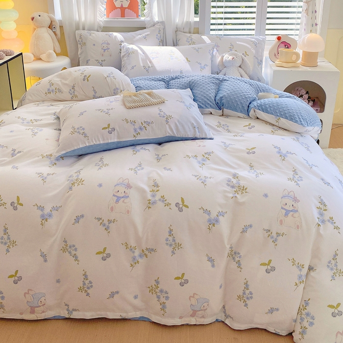 91家纺网 家纺一手货源 找家纺 金鑫汇家纺 2025新款全棉纯棉棉加豆豆绒棉加绒系列四件套 棉加豆豆绒-花丛兔