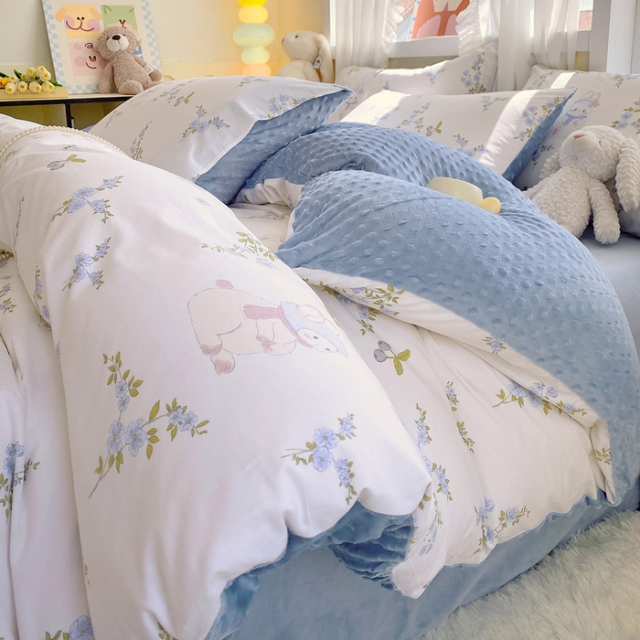 91家纺网 家纺一手货源 找家纺 金鑫汇家纺 2025新款全棉纯棉棉加豆豆绒棉加绒系列四件套 棉加豆豆绒-花丛兔