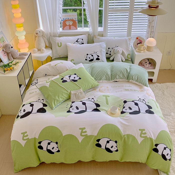 91家纺网 家纺一手货源 找家纺 金鑫汇家纺 2025新款全棉纯棉棉加豆豆绒棉加绒系列四件套 棉加豆豆绒-可爱熊猫