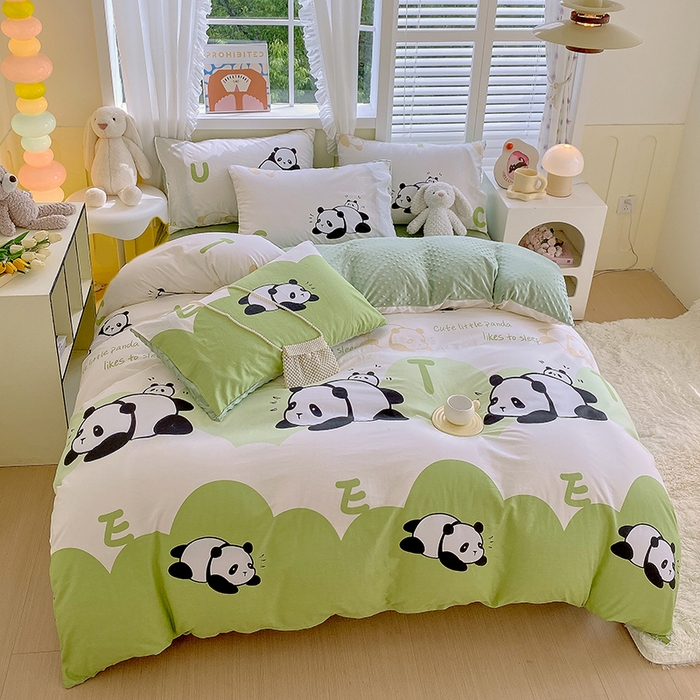 91家纺网 家纺一手货源 找家纺 金鑫汇家纺 2025新款全棉纯棉棉加豆豆绒棉加绒系列四件套 棉加豆豆绒-可爱熊猫