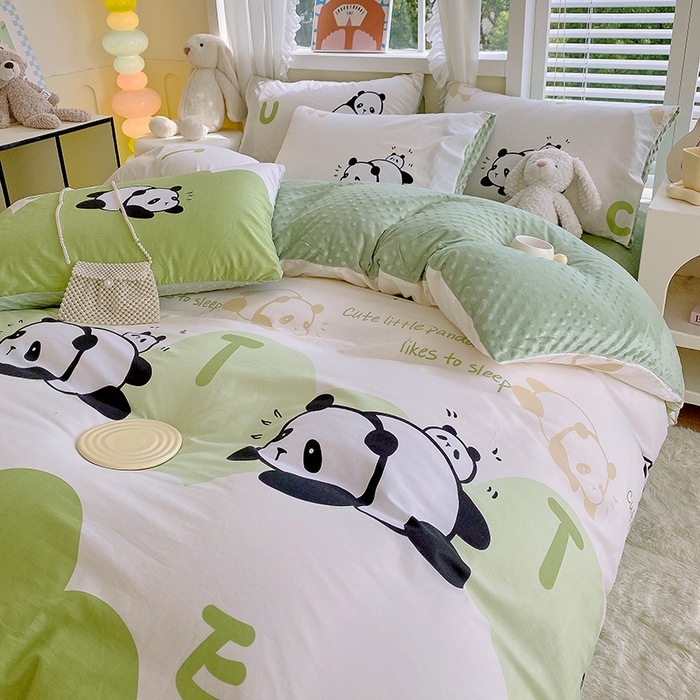 91家纺网 家纺一手货源 找家纺 金鑫汇家纺 2025新款全棉纯棉棉加豆豆绒棉加绒系列四件套 棉加豆豆绒-可爱熊猫