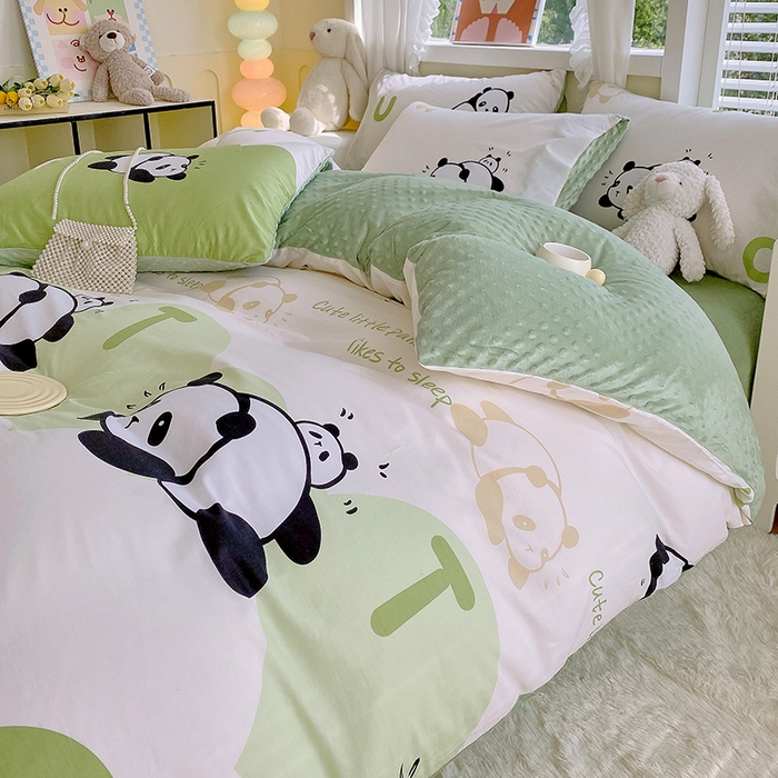91家纺网 家纺一手货源 找家纺 金鑫汇家纺 2025新款全棉纯棉棉加豆豆绒棉加绒系列四件套 棉加豆豆绒-可爱熊猫