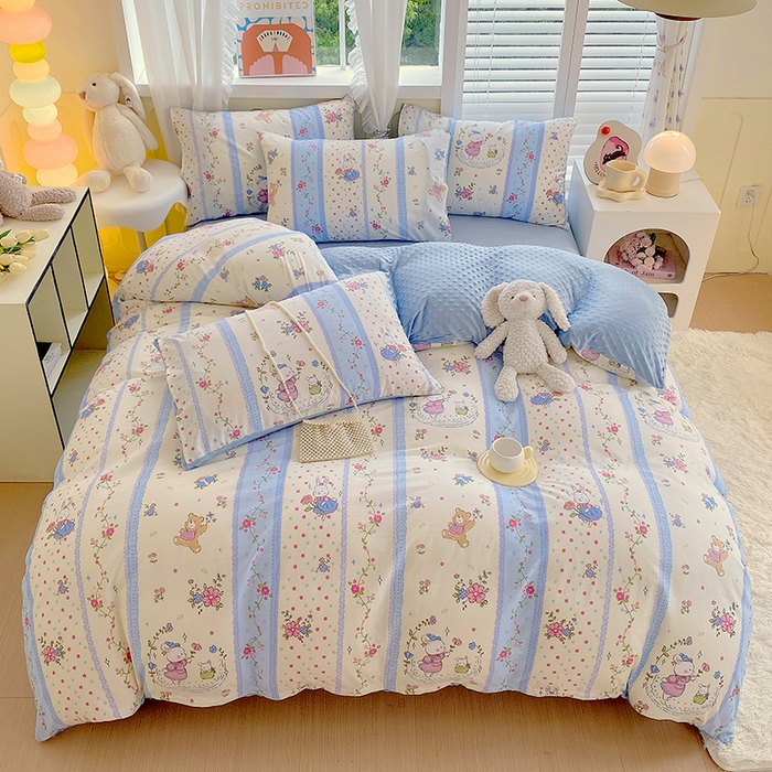 91家纺网 家纺一手货源 找家纺 金鑫汇家纺 2025新款全棉纯棉棉加豆豆绒棉加绒系列四件套 棉加豆豆绒-快乐萌兔