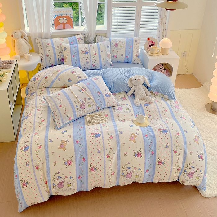 91家纺网 家纺一手货源 找家纺 金鑫汇家纺 2025新款全棉纯棉棉加豆豆绒棉加绒系列四件套 棉加豆豆绒-快乐萌兔