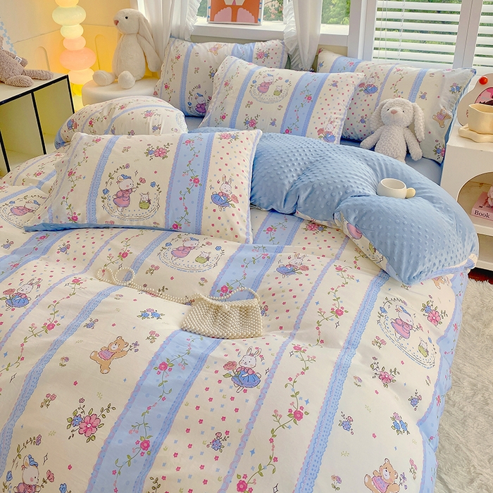 91家纺网 家纺一手货源 找家纺 金鑫汇家纺 2025新款全棉纯棉棉加豆豆绒棉加绒系列四件套 棉加豆豆绒-快乐萌兔