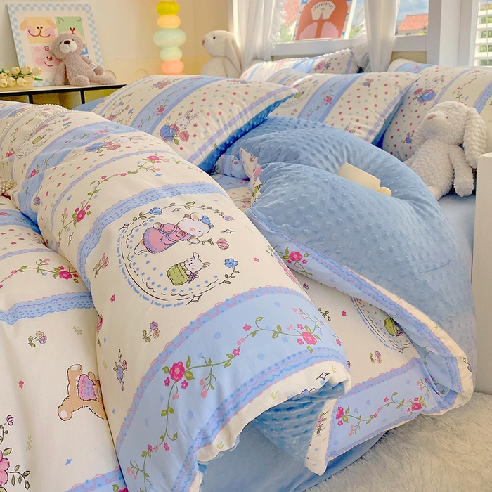 91家纺网 家纺一手货源 找家纺 金鑫汇家纺 2025新款全棉纯棉棉加豆豆绒棉加绒系列四件套 棉加豆豆绒-快乐萌兔